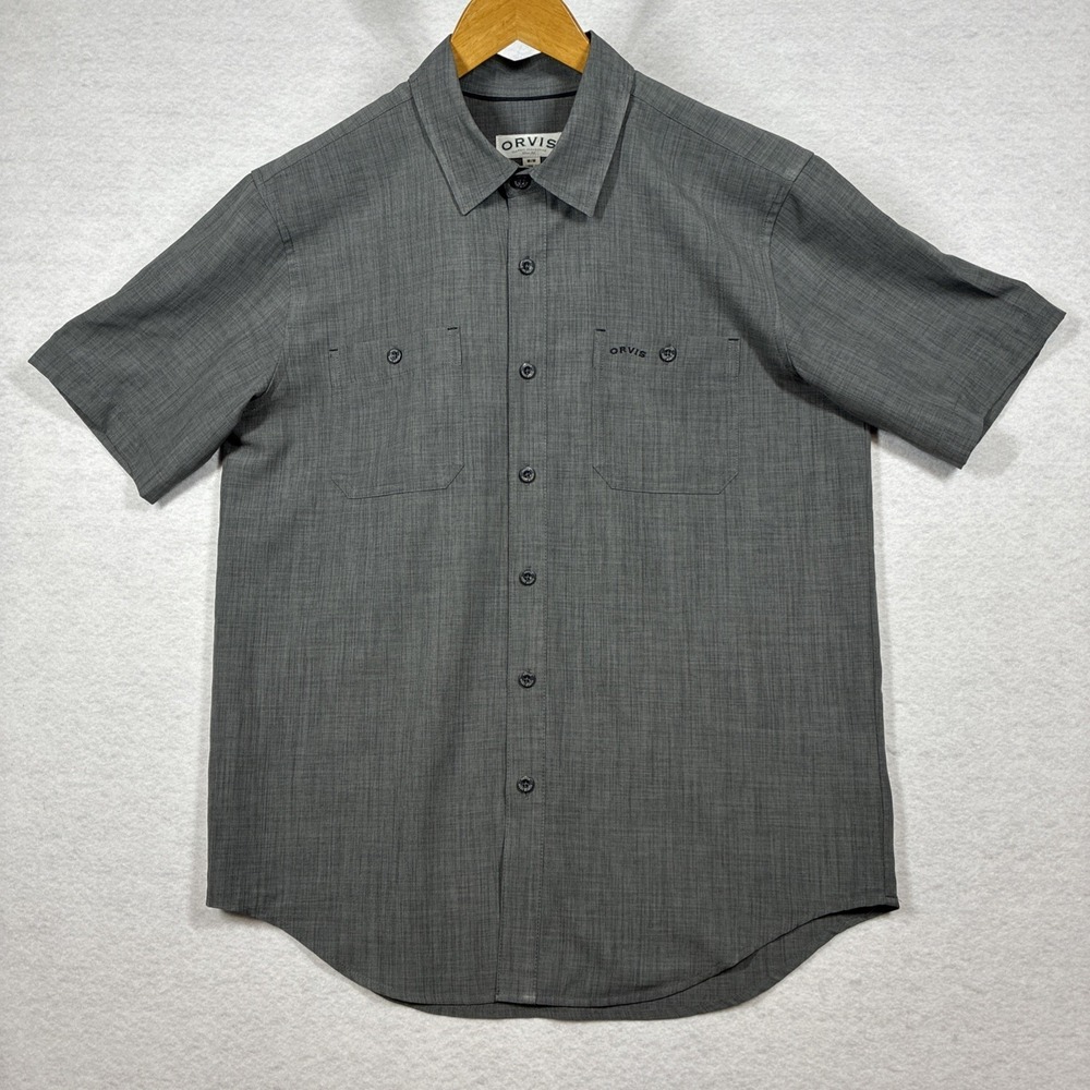 Orvis Button Up Short Sleeve Polyester Charcoal Gray Two Pocket Mens Medium